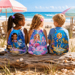 Personalised Sea Animals Cartoon Character Photo Quick Dry Oversized Beach Towel with Drawstring Bag and Name Beach Party Birthday Gift for Child