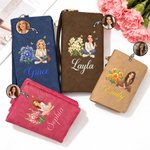 Personalized Birth Flower Cartoon Character Photo PU Leather Tri-Fold Wallet with Name and Wrist Strap Birthday Anniversary Gift for Women