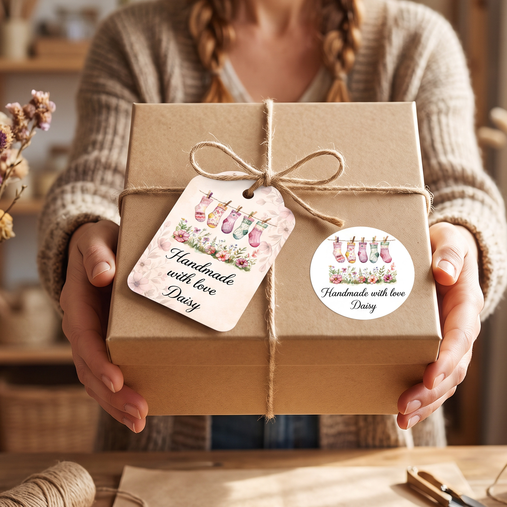 Individuell gestaltete Geschenkanhänger und Aufkleber mit Aquarell-Motiven zum Thema Nähen, 24er-Set mit Namenszug – Geschenkdeko, Weihnachtsgeschenk für Kinder und Freunde