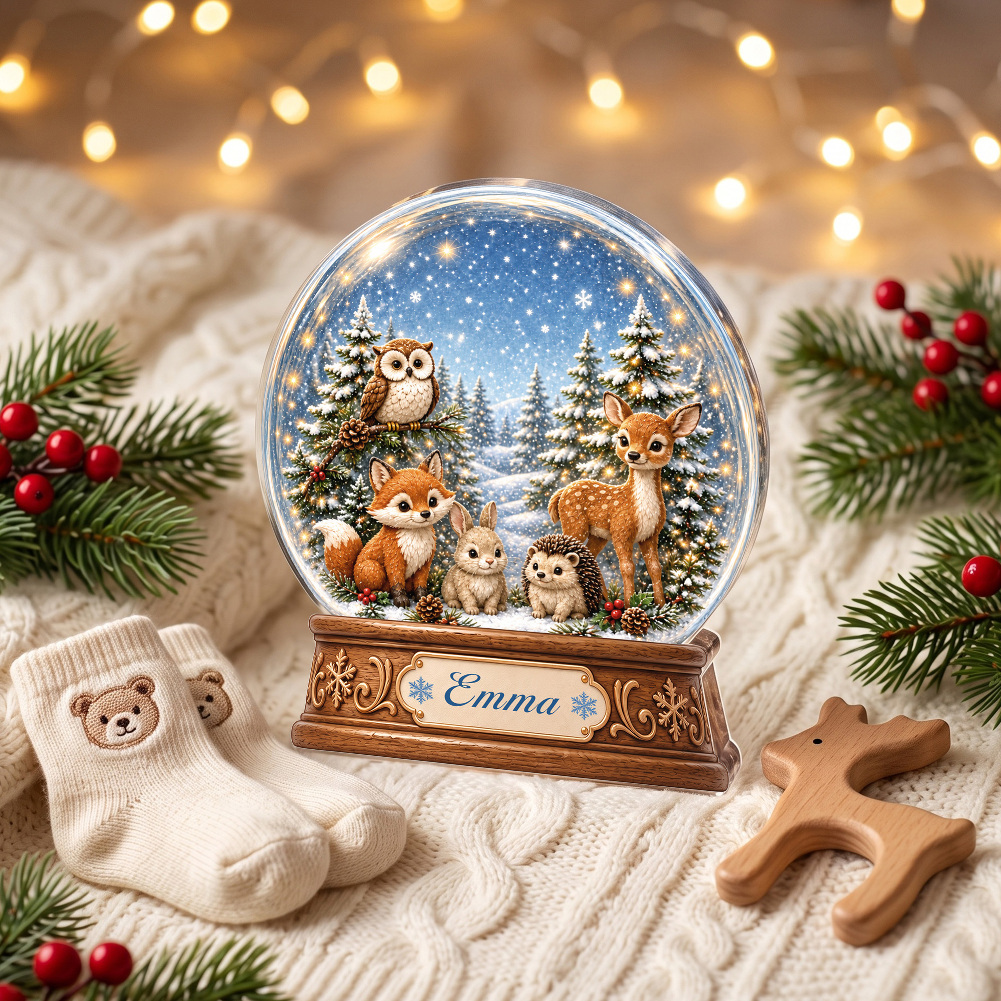 Personalisierte, niedliche Waldtiere im Schneeglobus – Kunstwerk mit 3D-Effekt, Acrylplakette mit Namen, Kinderzimmerdekoration, Weihnachtsgeschenk für frischgebackene Eltern und Babys