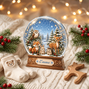 Gepersonaliseerde, schattige sneeuwbol met bosdieren, kunstwerk met 3D-effect, acrylplaat met naam, kinderkamerdecoratie, kerstcadeau voor kersverse ouders en hun baby