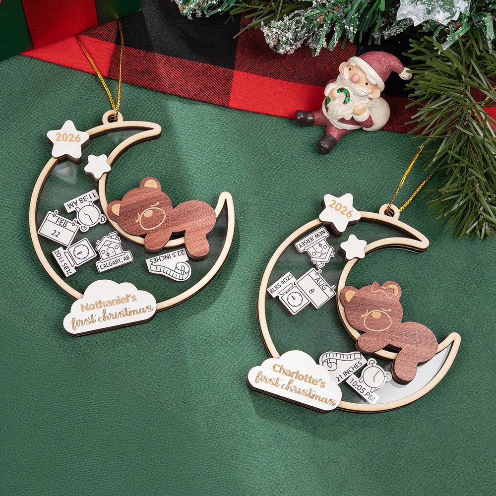 Adorno navideño personalizado con el nombre del bebé Oso agitador de la luna Decoración de la habitación Regalo de Navidad para niña Niño Padres 3