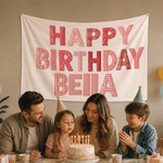 Individuell gestaltetes, farbenfrohes Retro-Patchwork-Banner mit Karomuster, Polka-Dots und Streifen zum Thema „Happy Birthday“ – als Hintergrunddekoration für Kindergeburtstage