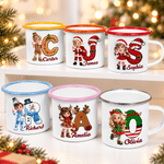 Taza esmaltada personalizada de 12 oz con foto de un personaje de dibujos animados con efecto 3D y inicial, con nombre; regalo de Navidad para niños y familia