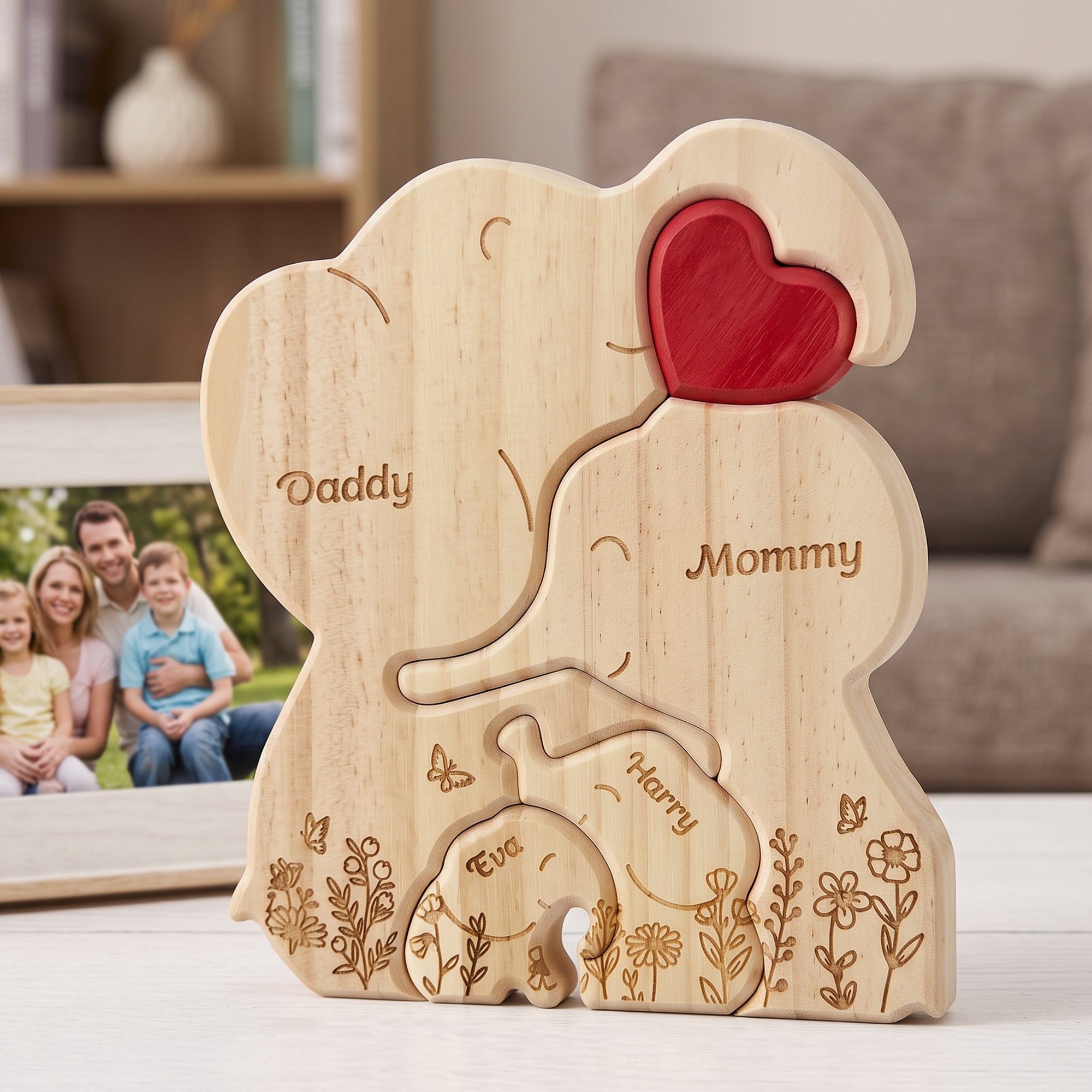 Personalised Wooden Hugging Elephant Family Red Heart Flower Puzzle with 2-6 Names Desk Decor Birthday Anniversary Gift for Mum Family