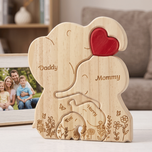 Gepersonaliseerde houten knuffelolifantjesfamilie-puzzel met rood hart en bloemen, met 2-6 namen – bureauversiering, verjaardags- of jubileumcadeau voor mama en het gezin