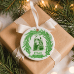 Gepersonaliseerd kransvormig keramisch ornament met hartvorm, aquarelafbeelding van huisdier en naam – kerstdecoratie voor aan de boom, kerstcadeau voor eigenaren en liefhebbers van huisdieren