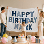 Individuell gestaltetes, farbenfrohes Retro-Patchwork-Banner mit Karomuster, Polka-Dots und Streifen zum Thema „Happy Birthday“ – als Hintergrunddekoration für Kindergeburtstage