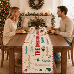 Gepersonaliseerde, kleurrijke tafelloper met woordwolk en kerstthema, met 1-20 namen – tafeldecoratie en kerstcadeau voor familie en vrienden