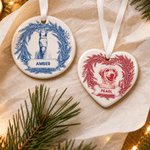 Gepersonaliseerd kransvormig keramisch ornament met hartvorm, aquarelafbeelding van huisdier en naam – kerstdecoratie voor aan de boom, kerstcadeau voor eigenaren en liefhebbers van huisdieren