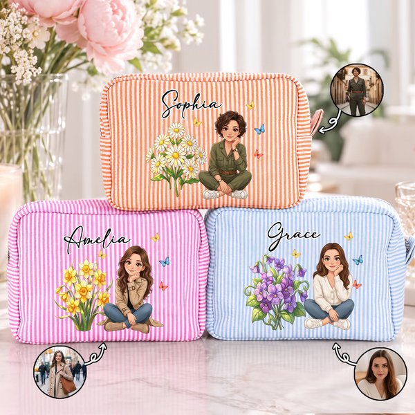 Trousse de maquillage personnalisée à rayures, avec photo, motif de personnage en 3D et nom, représentant la fleur de naissance : cadeau d'anniversaire idéal pour les femmes et les amies, indispensabl
