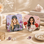 Personalised Birth Flower 3D-Style Character Artwork PU Makeup Mirror with Name Anniversary Birthday Gift for Women
