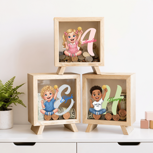 Personalized Cartoon Kid Character Photo Wooden Money Box Piggy Bank with Name and Initial Desk Decor Birthday Gift for Kid