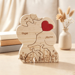 Gepersonaliseerde houten knuffelolifantjesfamilie-puzzel met rood hart en bloemen, met 2-6 namen – bureauversiering, verjaardags- of jubileumcadeau voor mama en het gezin
