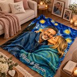 Gepersonaliseerde, zachte deken met een foto van een stel in de kunststijl van Van Gogh, geschilderd in olieverf, met tekst – cadeau voor een jubileum of verjaardag voor een stel
