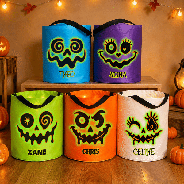 Borsa a secchiello personalizzata con luce LED a forma di zucca spettrale e nome: regalo di Halloween per i bambini, perfetto per il 