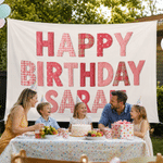 Individuell gestaltetes, farbenfrohes Retro-Patchwork-Banner mit Karomuster, Polka-Dots und Streifen zum Thema „Happy Birthday“ – als Hintergrunddekoration für Kindergeburtstage