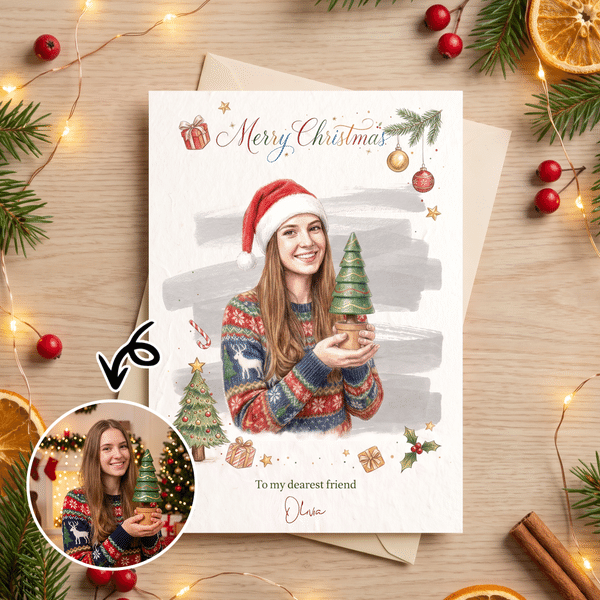 Biglietto di auguri personalizzato con foto di personaggi natalizi dipinti ad acquerello, testo e nome, completo di busta – Regalo di Natale per amici e familiari