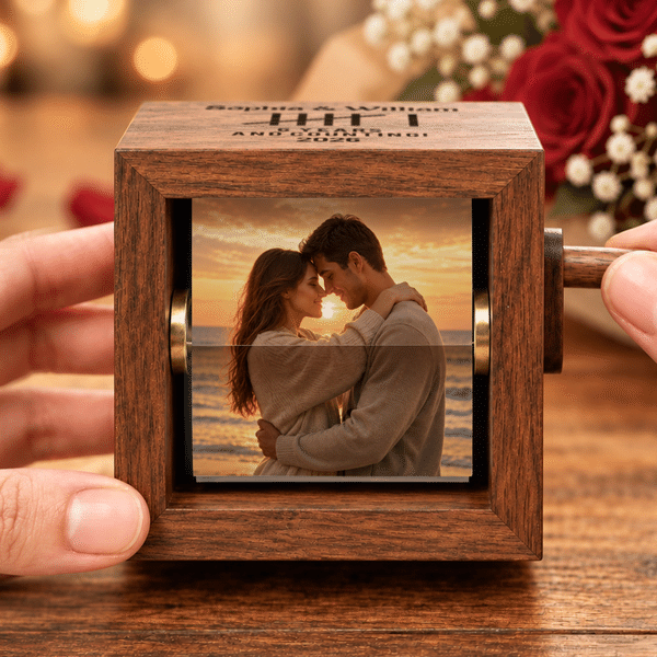Personalized Film 8/16 Photos Tally Mark Wooden LED Light Flip Book Frame Animation Machine Box with Names and Year Anniversary Gift for Couple