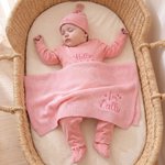Personalized Embroidered Hello World 100% Cotton Soft Baby Romper Hat Foot Sleeve Blanket Set with Name Baby Shower Gift for Newborns New Parents