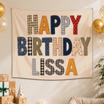 Individuell gestaltetes, farbenfrohes Retro-Patchwork-Banner mit Karomuster, Polka-Dots und Streifen zum Thema „Happy Birthday“ – als Hintergrunddekoration für Kindergeburtstage