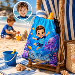 Personalised Sea Animals Cartoon Character Photo Quick Dry Oversized Beach Towel with Drawstring Bag and Name Beach Party Birthday Gift for Child