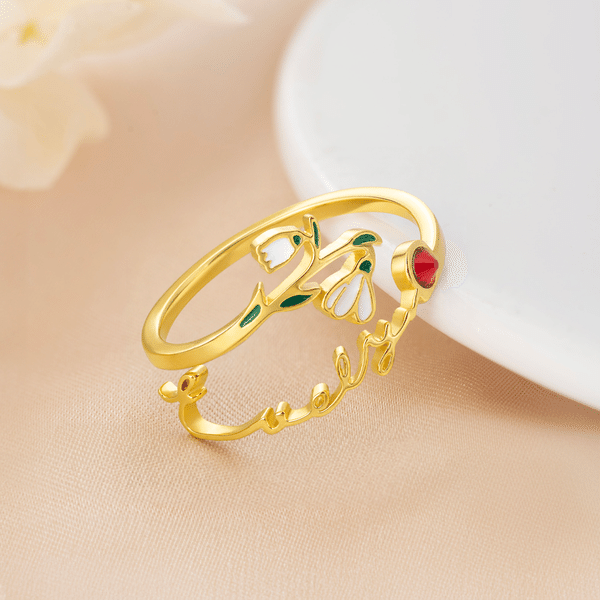 Personalized Enamel Birth Flower Birthstone Sterling Silver Ring Dainty Jewelry with Name Wedding Anniversary Gift for Couple Women