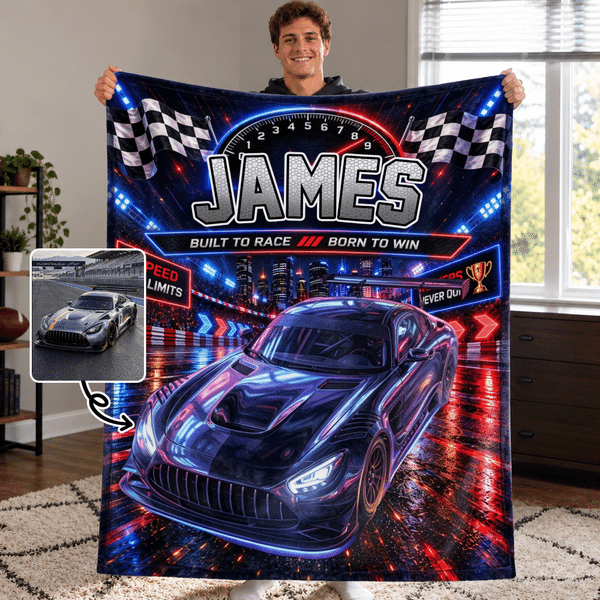 Personalised Fantasy Racing Car Photo Soft Throw Blanket with Name Home Decor Racing Birthday Gift for Racing Lover