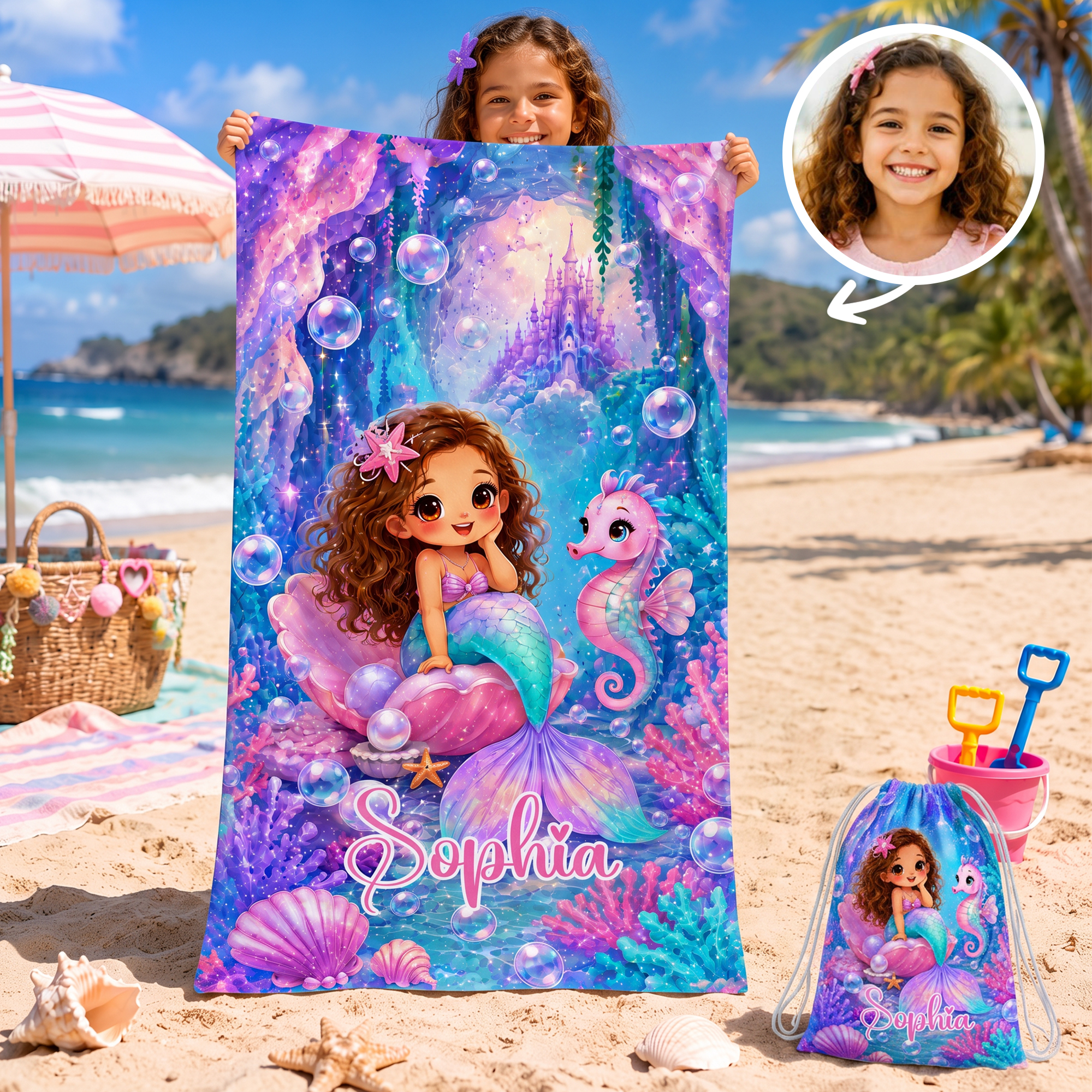Personalisiertes, übergroßes Strandtuch mit Meeres-Tier-Cartoon-Motiv, schnell trocknend, inklusive Beutel mit Kordelzug – Strandparty- und Geburtstagsgeschenk für Kinder