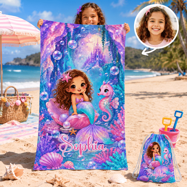 Personalised Sea Animals Cartoon Character Photo Quick Dry Oversized Beach Towel with Drawstring Bag and Name Beach Party Birthday Gift for Child