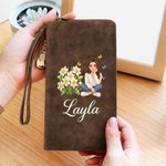 Personalized Birth Flower Cartoon Character Photo PU Leather Tri-Fold Wallet with Name and Wrist Strap Birthday Anniversary Gift for Women