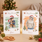 Carte de vœux personnalisée « Joyeux Noël » avec personnage illustré à l'aquarelle, nom et texte, accompagnée d'une enveloppe – Cadeau de Noël pour les amis et la famille