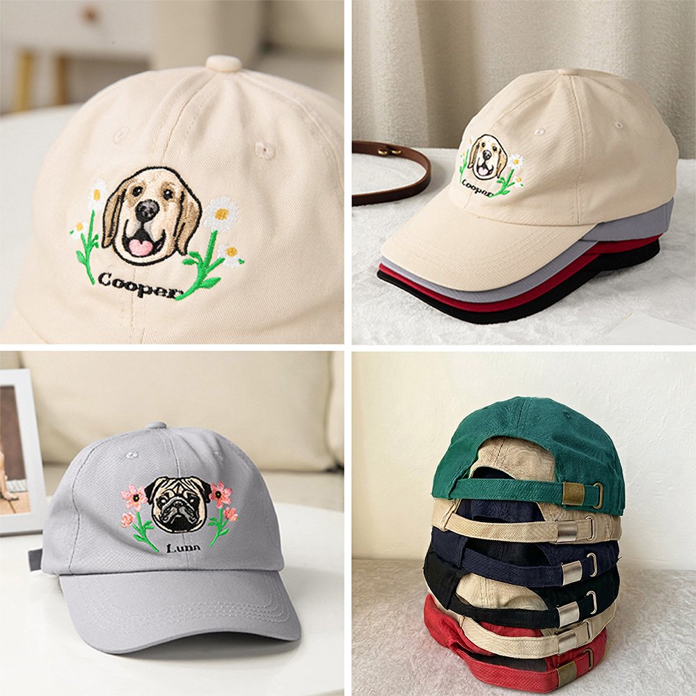 Henkilökohtainen kirjailtu Syntymä Kukka Koira Kissa Lemmikki Lemmikki muotokuva valokuva 100% puuvillaa Baseball Cap nimi Pet Keepsake syntymäpäivälahja lemmikkieläinten omistajille ystäville 6