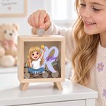 Personalized Cartoon Kid Character Photo Wooden Money Box Piggy Bank with Name and Initial Desk Decor Birthday Gift for Kid