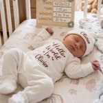 Personalized Embroidered Hello World 100% Cotton Soft Baby Romper Hat Foot Sleeve Blanket Set with Name Baby Shower Gift for Newborns New Parents