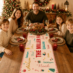 Gepersonaliseerde, kleurrijke tafelloper met woordwolk en kerstthema, met 1-20 namen – tafeldecoratie en kerstcadeau voor familie en vrienden