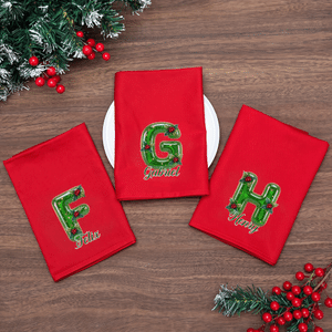 Gepersonaliseerd kerst servet met hulstmotief en initiaal, 100% katoen, rood, met naam – kerstcadeau voor familie en vrienden