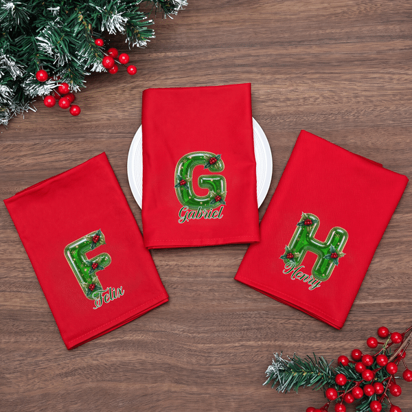 Personalised Holly Initial Christmas 100% Cotton Red Napkin with Name Christmas Dinner Gift for Family Friends