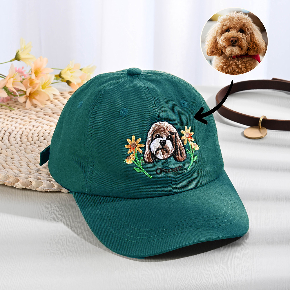 Personalisierte gestickte Blume Haustier Porträt Foto 100% Baumwolle einstellbar Baseballmütze mit Namen Haustier Party Geburtstagsgeschenk für Hund Mutter Haustier Besitzer