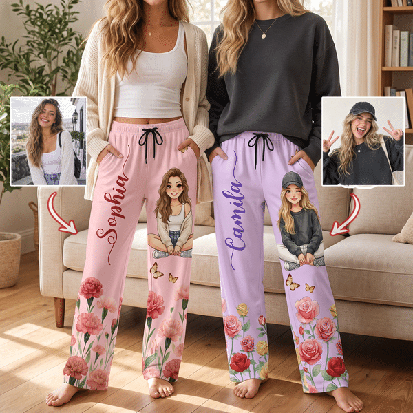 Pantalones de pijama suaves personalizados con foto al estilo cómic, con la flor del mes de nacimiento pintada en acuarela y el nombre; ropa para estar en casa; regalo de cumpleaños para mujeres y hom