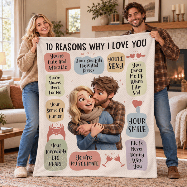 Personalized 3D-Style Art Photo 10 Reasons Why I Love You Soft Throw Blanket Home Decor Birthday Christmas Anniversary Gift for Couple
