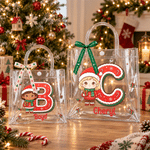Personalized Christmas Theme Cartoon Character Photo Transparent Gift Bag with Name Initial and Bow Christmas Gift for Kids