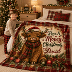 Personalisierte weiche Weihnachtsdecke mit Highland-Kuh-Motiv und Namen – Wohnaccessoire, Geschenk zum Geburtstag, zum Jubiläum oder zu Weihnachten für Familie und Freunde