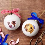 Personalised Hand Painted Style Cat Dog Portrait Ribbon Bow Ceramic Bauble Ornament with Name Festive Tree Decor Christmas Gift for Pet Lovers