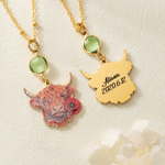 Personalised Glitter Highland Cow Design Birthstone Birth Flower Pendant Necklace with Text Birthday Anniversary Gift for Highland Cow Lovers