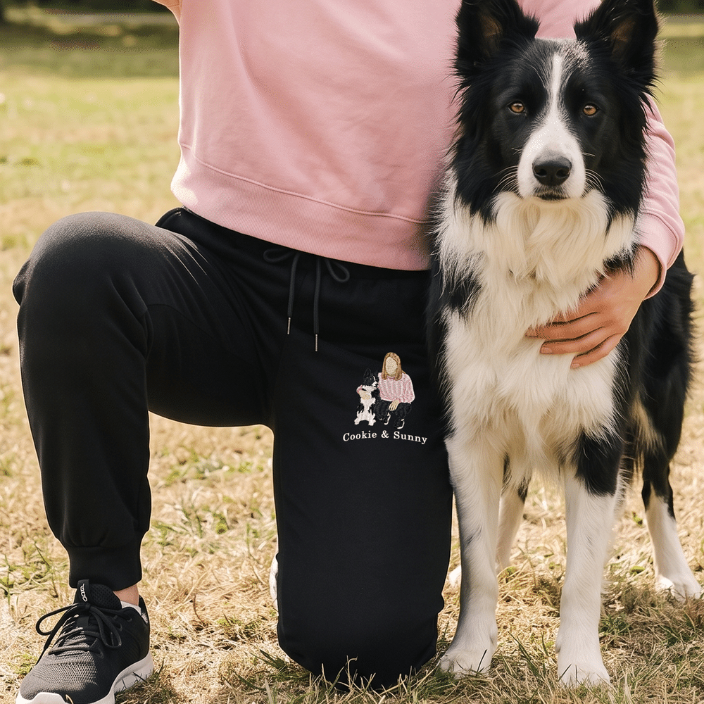 Personlig tilpassede, flerfargede broderte joggebukser med elastisk snøring og lommer med bilde av kjæledyret – en bursdagsgave med navn til hund- og katteelskere 3