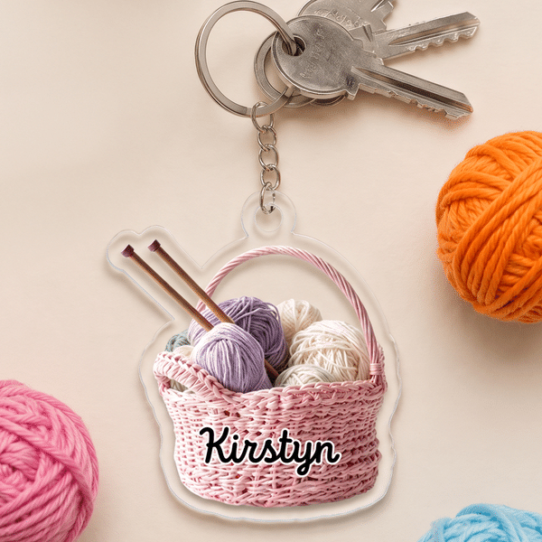 Personalised Cute Knitting Theme Pattern Design Acrylic Keyring with Name Birthday Gift for Knitting Lovers