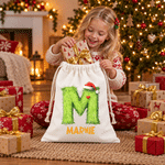 Personalised Plush Santa Hat Initial Drawstring Christmas Gift Bag Santa Sack with Name Tree Decor Christmas Eve Gift for Kids Family Friends