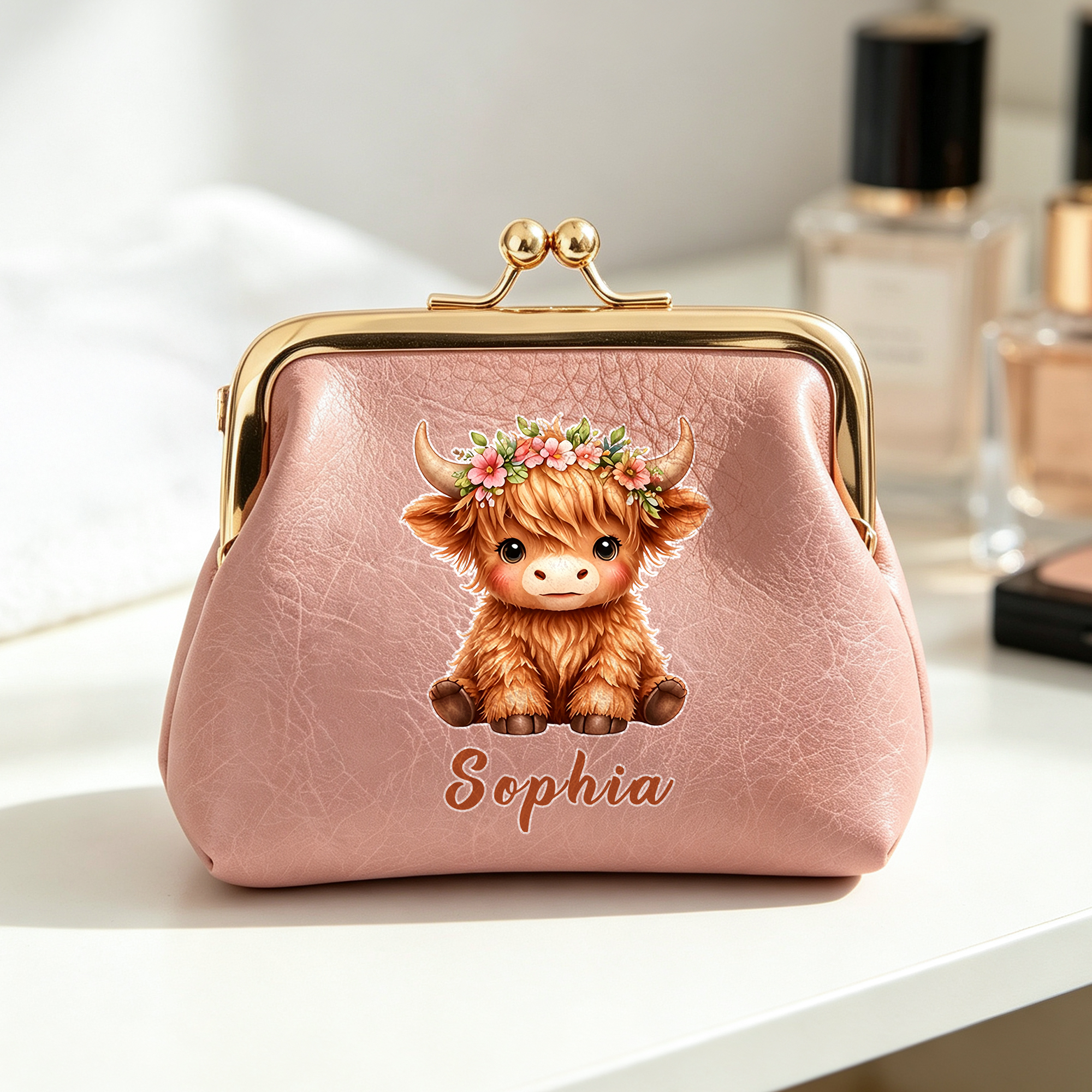 Personalised Highland Cow Multicolour PU Leather Coin Handbag with Kiss Lock and Name Daily Use Travel Birthday Gift for Highland Cow Lovers Women