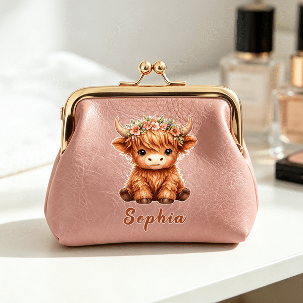 Personalized Highland Cow Multicolor PU Leather Coin Purse with Kiss Lock and Name Daily Use Travel Birthday Gift for Highland Cow Lovers Women